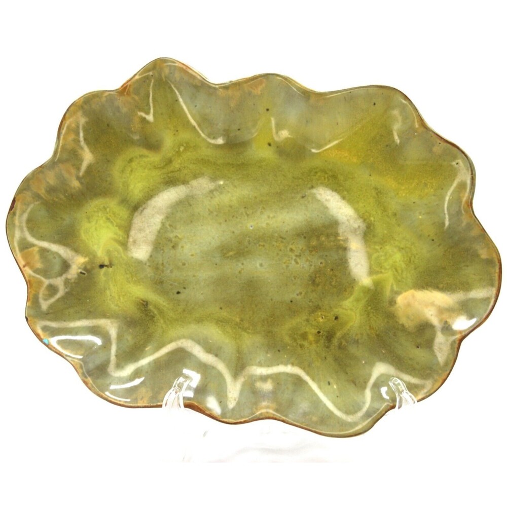 Handmade Oblong Oval Scallop Edge Ceramic Platter Pottery Green Trinket Plate